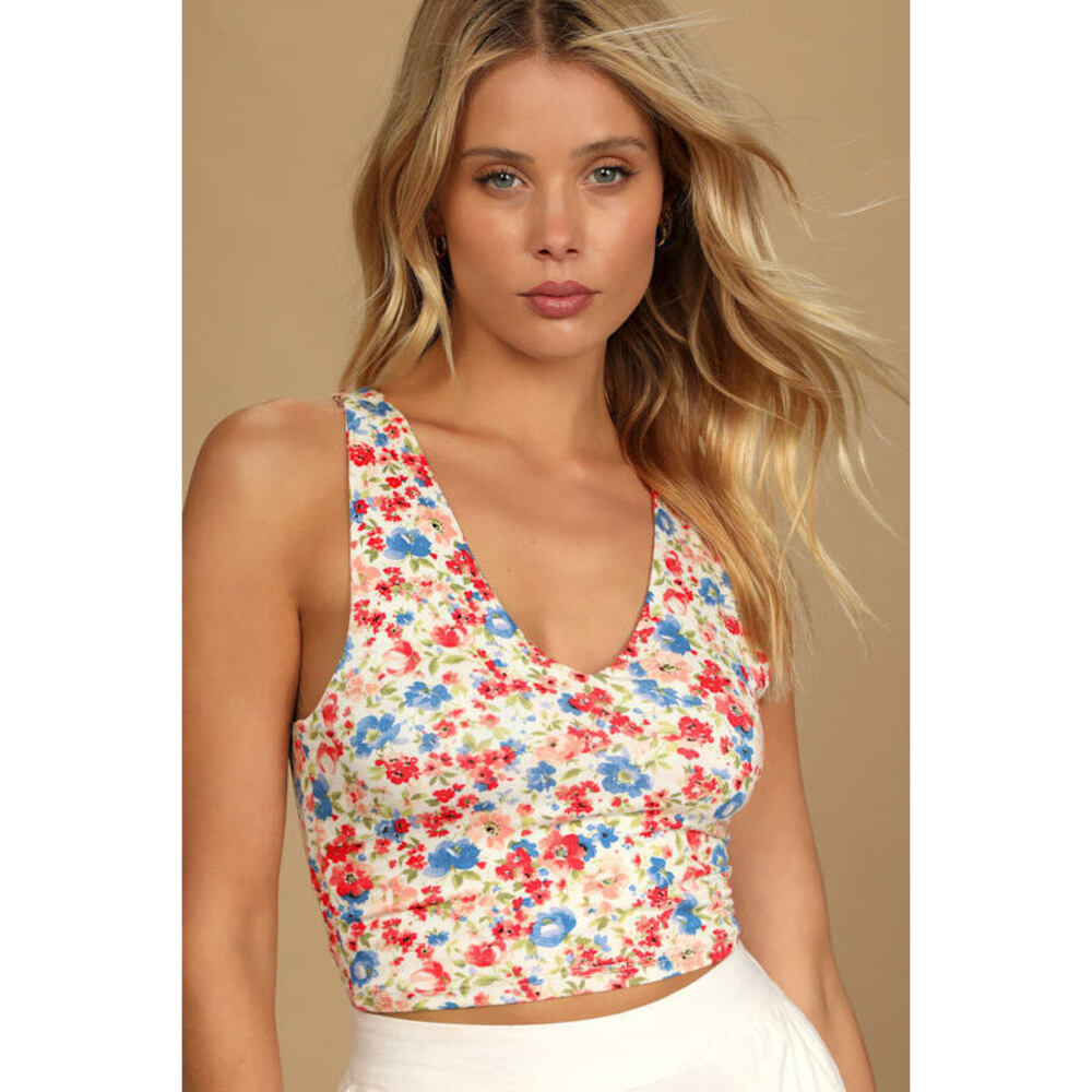 Lulus Basics Feel Like Dancing Ivory Multi Floral Print Crop Top White - Size M